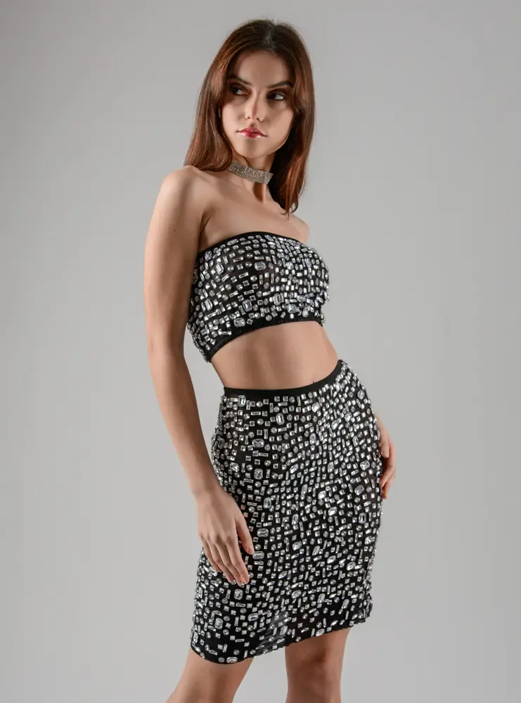 panicouture encrusted black IRIS crystal top and skirt