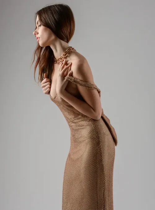 panicouture encrusted gold long crystal dress