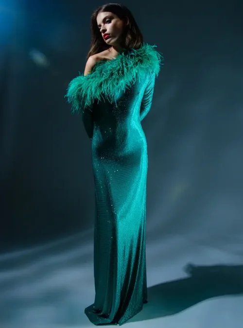 panicouture elizabeth emerald embelished crystal feather dress