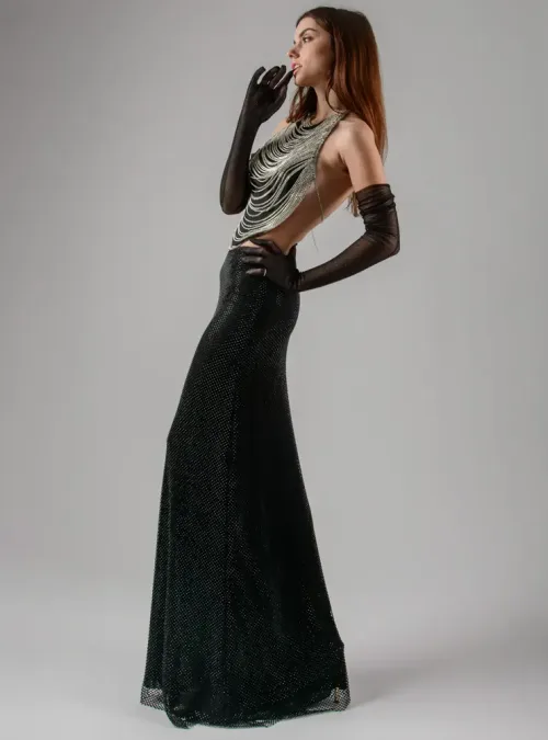 panicouture encrusted black crystal long skirt and top