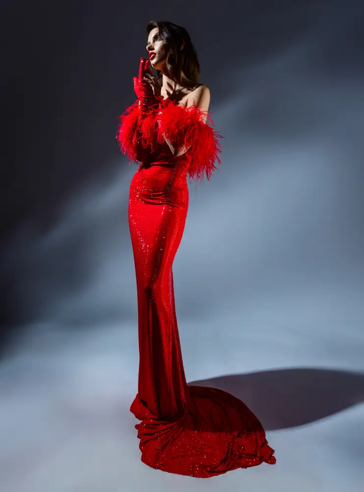 panicouture red EMBELISHED crystal and ostritch feather evening gown