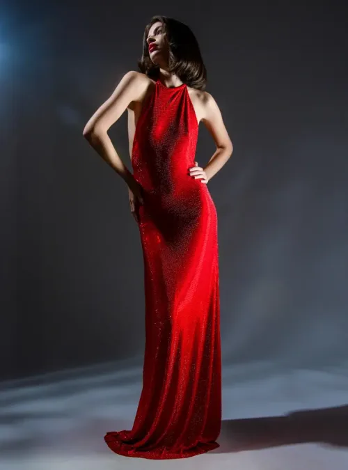 panicouture red EMBELISHED crystal big bow evening gown