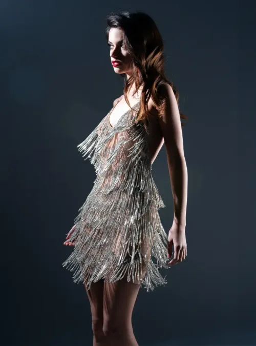 panicouture tayler crystal tassel dress silver